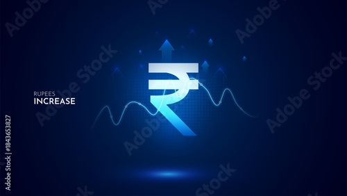 Indian Rupees value increase with graph and blue background. Rupee increase vector illustration set. Indian Rupee cost increase icon
