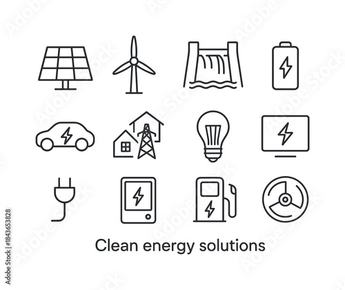 Clean Energy Icons. Clean energy solutions. Line icon set of Cle