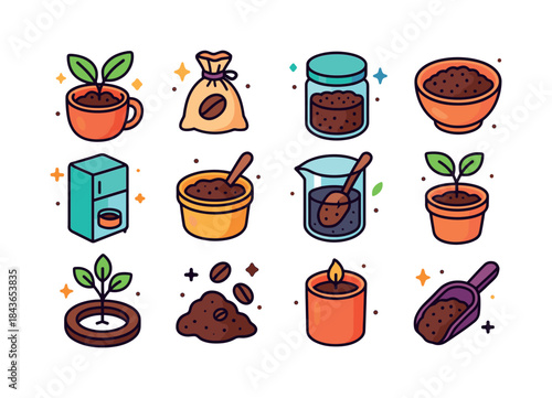 Coffee Waste Innovations. Coffee waste reuse ideas. Colorful iso