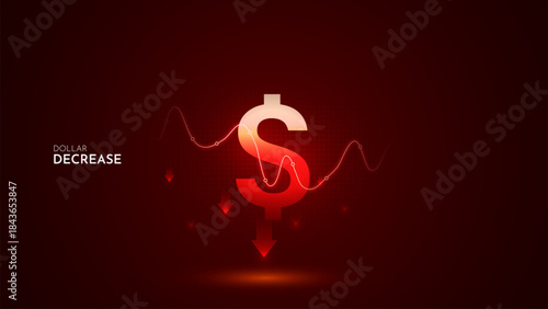 United States Dollar value decrease with graph and red background. Dollar  decrease vector illustration set. United States Dollar cost decrease icon