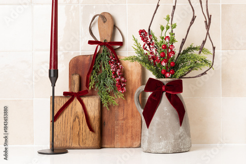 Christmas kitchen decor, red bows, preparations for Christmas and New Year