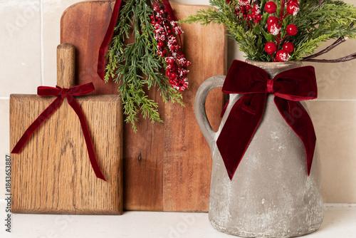 Christmas kitchen decor, red bows, preparations for Christmas and New Year