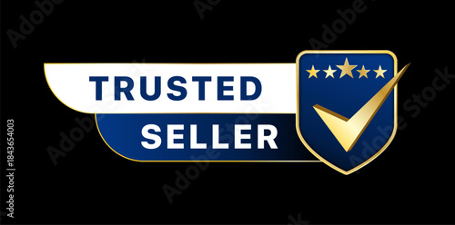 Trusted Seller verification badge with blue shield, gold checkmark and five star rating for ecommerce, marketplace and online store trust icon vector