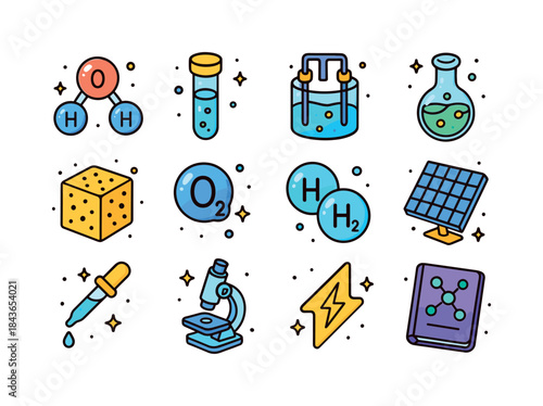 Hydrogen Production Icons. Hydrogen Production. Colorful isometr
