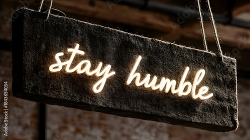 Inspirational Sign Stay Humble in Bright Neon on Rustic Wall