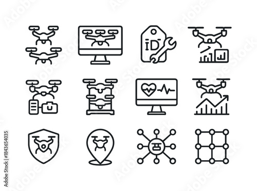 Drone Management Icons. Drone fleet management. Line icon set of