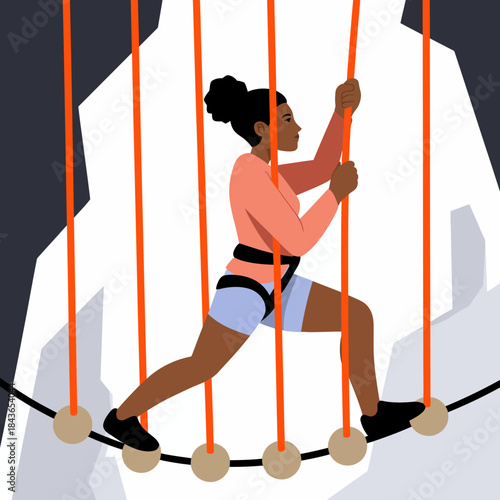 A dynamic illustration of a woman climbing a rock wall with safety ropes, symbolizing adventure, determination, and the thrill of overcoming challenges in outdoor activities.