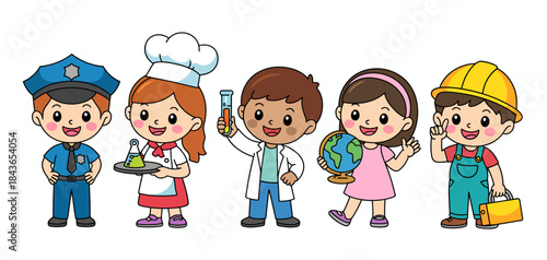 A charming illustration showcases five diverse children dressed as various professionals, including a police officer, chef, scientist, globe holder, and builder, promoting career inspiration and imag