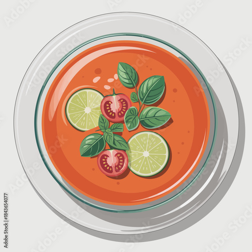An appetizing bowl of tomato soup garnished with fresh herbs, lemon, and tomatoes, showcasing culinary creativity and inviting flavors that stimulate the senses.