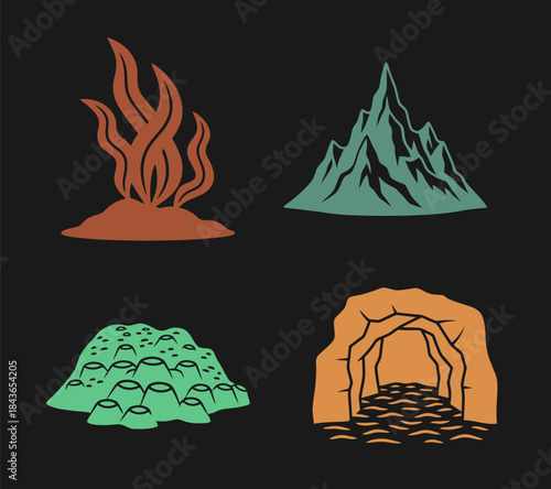 Ocean Floor Features Underwater Mountain Seaweed Sand Cave Black Background