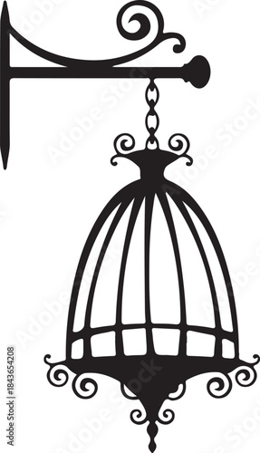 Vintage gold wrought iron gate and birdcage vector illustration of an open metal silhouette