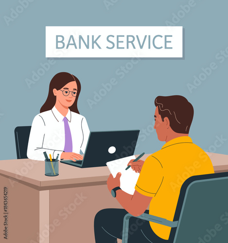 An illustration capturing the interaction between a bank advisor and a customer, representing financial services, support, and guidance in a professional setting.