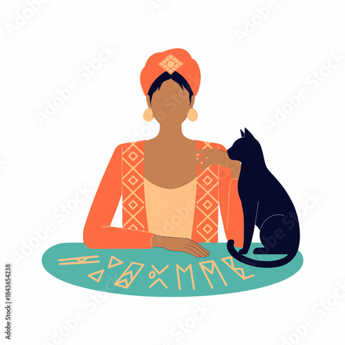 A fortune teller adorned in elegant attire interacts with her black cat, creating an atmosphere of mystery and intrigue while showcasing the art of divination.