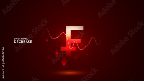 Swiss Franc value decrease with graph and red background. Swiss Franc decrease vector illustration set. Swiss Franc cost decrease icon