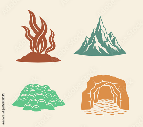 Ocean Floor Features Underwater Mountain Seaweed Sand Cave Brown Background