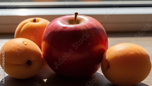 Fresh red apple surrounded by ripe apricots on a wooden surface near a window for Apple and Apricot Month