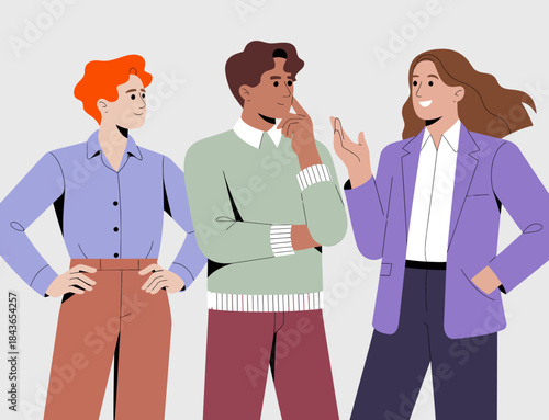 This illustration captures three friends animatedly conversing, highlighting the joy of social interaction, companionship, and the exhilarating dynamics of human relationships in a modern setting.