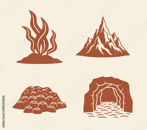 Ocean Floor Features Underwater Mountain Seaweed Sand Cave Brown Background