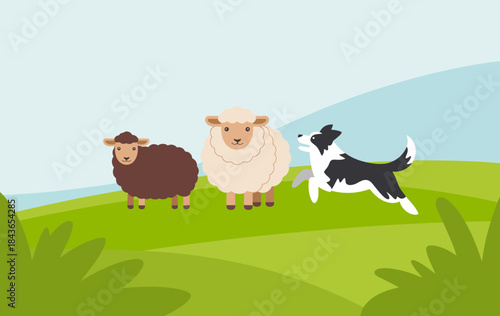 A charming scene showcasing playful sheep and a dog in a verdant, scenic landscape, symbolizing harmony and the idyllic simplicity of rural life and companionship in nature.