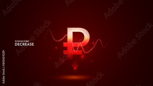 Ruble value decrease with graph and red background. Ruble decrease vector illustration set. Ruble cost decrease icon
