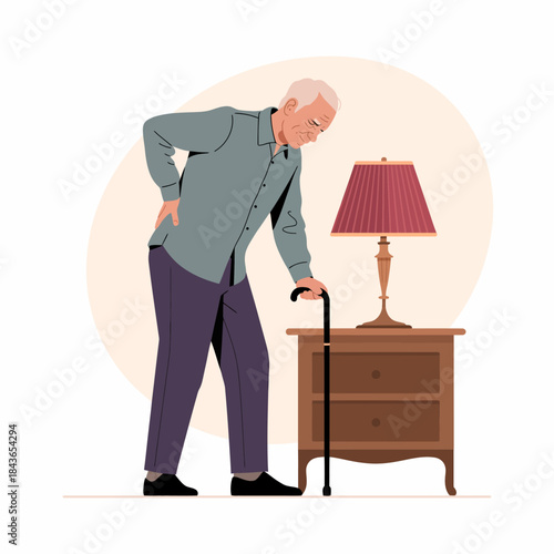 An elderly man is leaning on a cane, reflecting on life's challenges and experiences, while standing beside a lamp and a nightstand in a cozy interior setting.