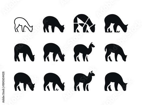 Alpaca Logo Variations. Alpacas grazing. Icon set. Set Logo of a