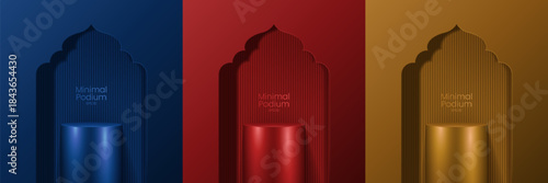 3D realistic modern luxury style shiny metallic podium stand with wooden line texture backdrop minimal wall scene on clean background. Use for beauty cosmetic presentation, showcase mockup