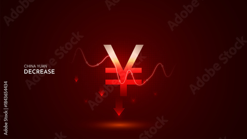 China Yuan value decrease with graph and red background. Yuan decrease vector illustration set. China Yuan cost decrease icon