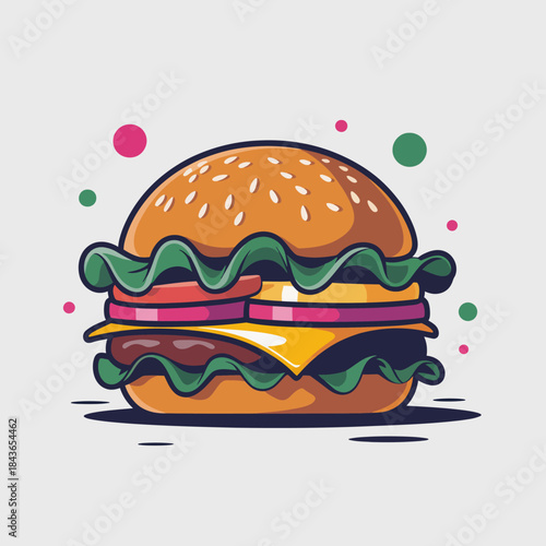 An enticing illustration of a perfectly crafted hamburger, showcasing an array of fresh ingredients with vibrant colors, representing the joy and satisfaction of good food in a playful style.