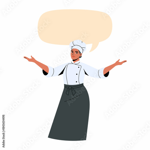 A confident chef is showcasing their culinary skills with open arms, inviting engagement and emphasizing the art of cooking, ready to share their expertise and creativity.