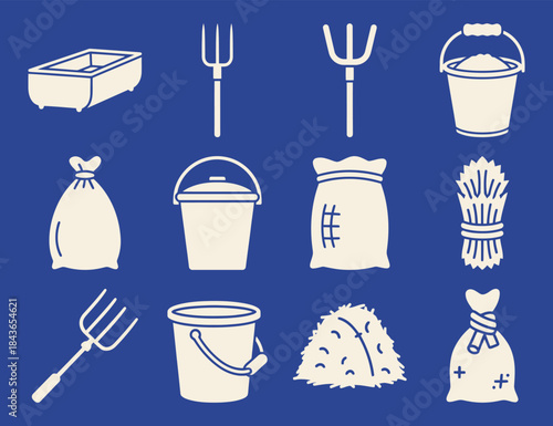 Barn Feeding Tools Feed Bucket Pitchfork Trough Grain Sack Bucket Lid Blue Background