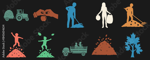 Autumn Activities Raking Leaves Leaf Pile Jump Hayride Apple Picking Black Background