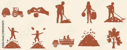 Autumn Activities Raking Leaves Leaf Pile Jump Hayride Apple Picking Brown Background