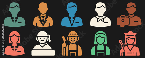 Workplace Roles Manager Employee Intern Receptionist Janitor Black Background