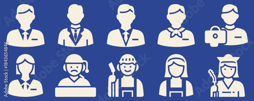 Workplace Roles Manager Employee Intern Receptionist Janitor Blue Background