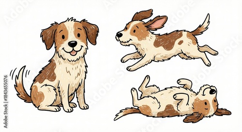 Set of playful cartoon dogs in various poses, cute and cheerful, perfect for kids, pets, doodle art, and fun illustrations.
