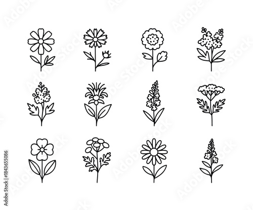 Bees' Flower Icons. Meadow flowers for bees. Line icon set of me