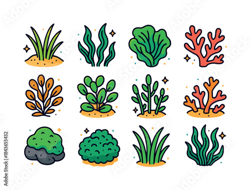 Colorful Coastal Plant Icons. Coastal plants. Colorful isometric