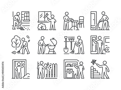Outdoor Cleaning Icons. Outdoor home cleaning scene. Line icon s