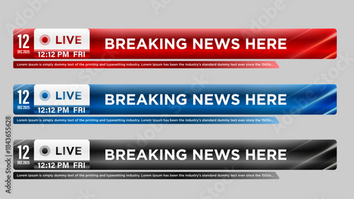 Set of lower third bar templates for breaking news, sports news on television, video and media online. Newscast lower third banner vector. Newscast lower third banner vector.