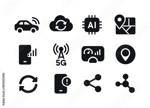 Connected Mobility Icons. Connected mobility. Solid icon set of