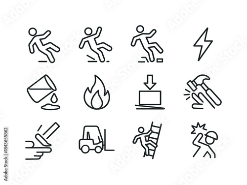 Worksite Safety Icons. Worksite Accidents. Line icon set of Work