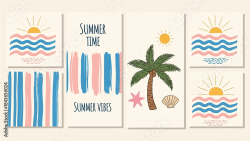 Vibrant Summer Themed Digital Art with Tropical Elements and Sunset Designs