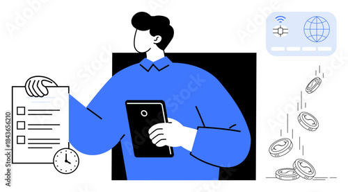 Task management, financial planning, productivity, digital commerce, remote work, time efficiency. Person holding tablet and checklist with clock and coins falling. Task management and financial