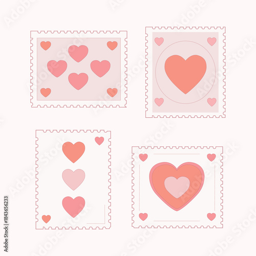 Heart frames in postage stamp style with soft pastel colors