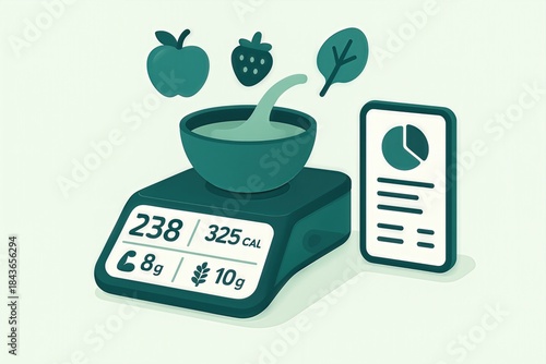 Nutritional analysis of healthy ingredients displayed on a digital scale with a bowl measuring food portions alongside a dietary chart illustrating calorie content and nutritional values