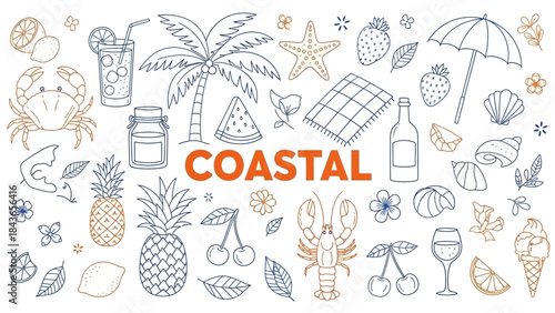 Tropical Coastal Vacation Scene with Sun Beach Umbrella and Scenic Nature Elements