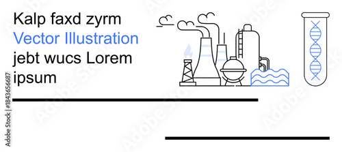 Biotechnology, sustainability, industrial production, environmental science, genetics, innovation. Industrial facility with smokestacks and a DNA test tube. Biotechnology and sustainability concept