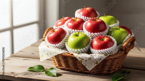 Basket of fresh red and green apples protected with foam netting, sitting on a rustic wooden table indoors with soft window light for Apple Gifting Day