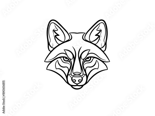 A striking black and white line art illustration of a fox's face, featuring sharp lines and a stylized, intense expression.